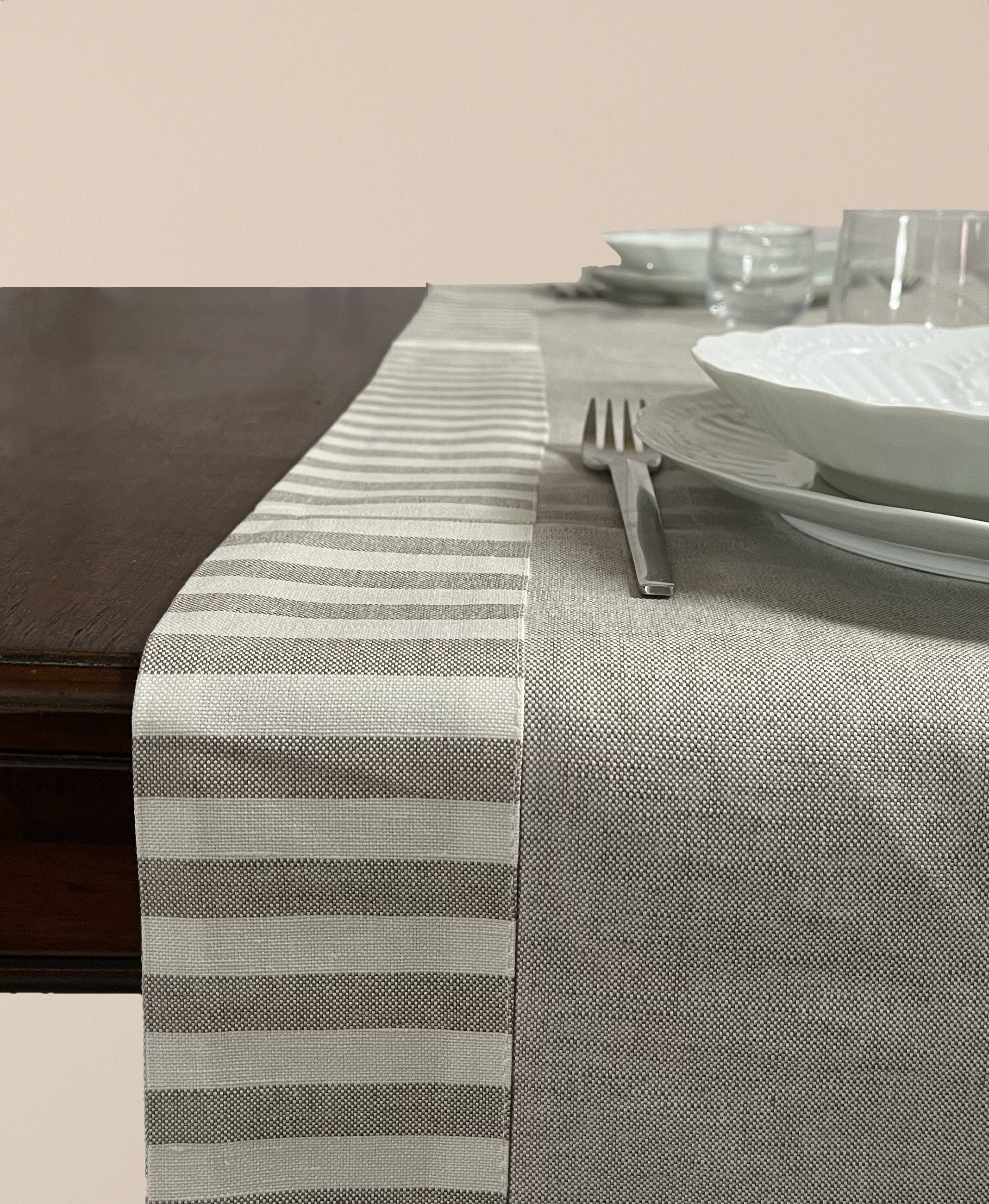 Runner tavolo - Runner cotone lino - Runner color corda con cornice rigata