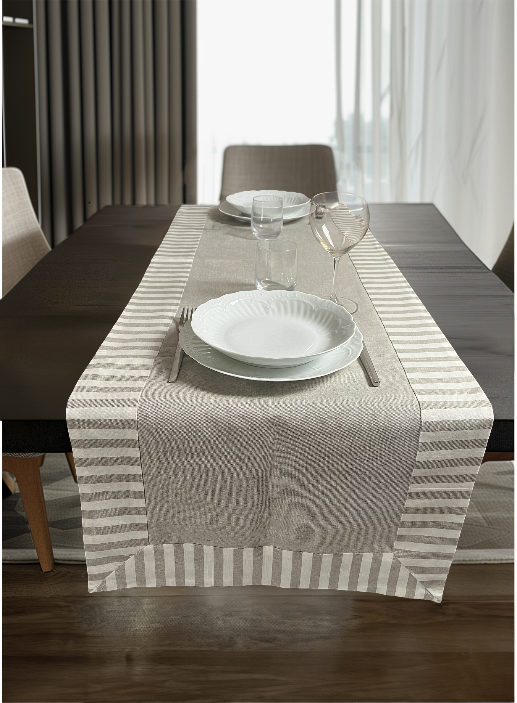Runner tavolo - Runner cotone lino - Runner color corda con cornice rigata
