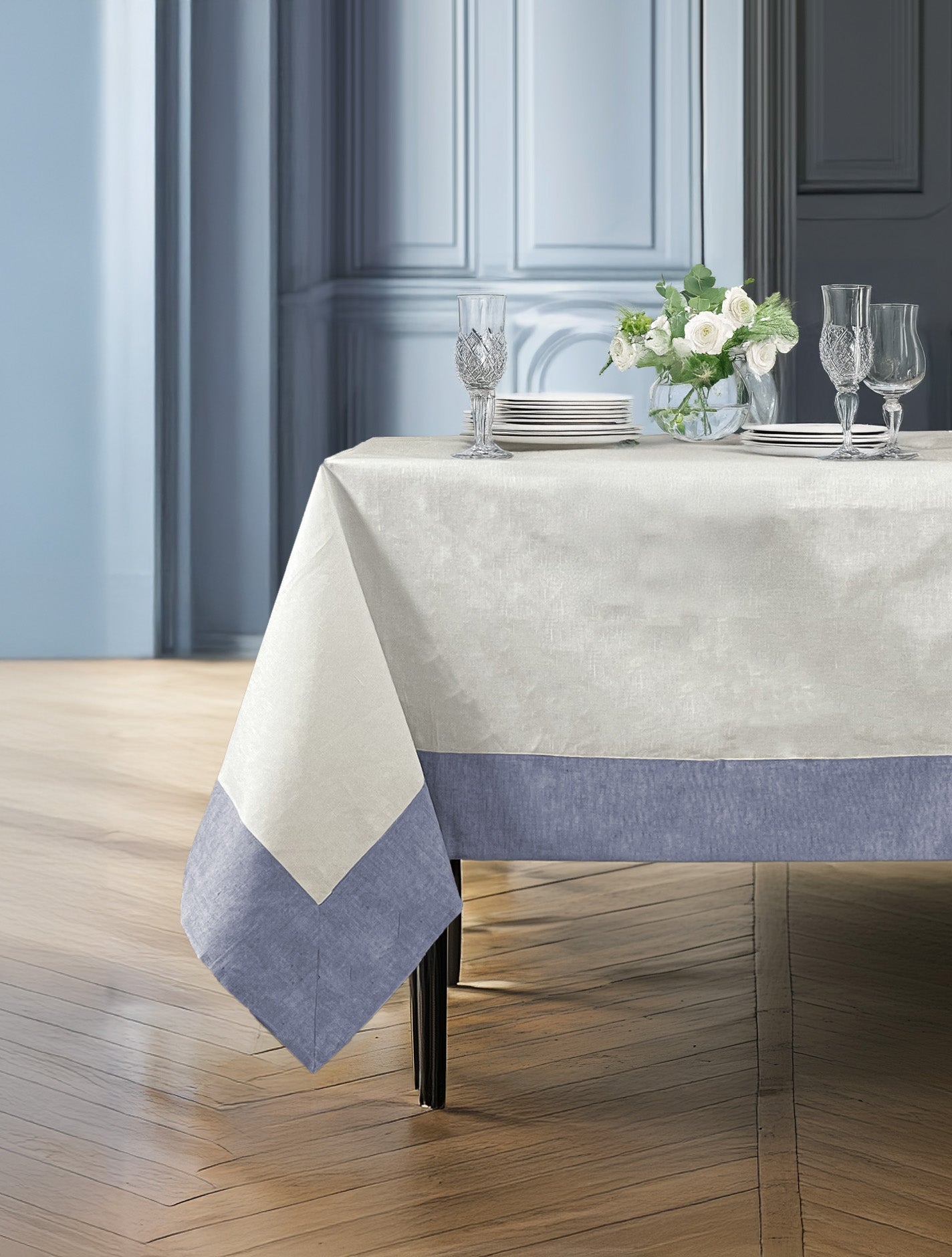 Tovaglie da tavola - Tovaglia cotone e lino - Tovaglia bianca cornice applicata azzurro