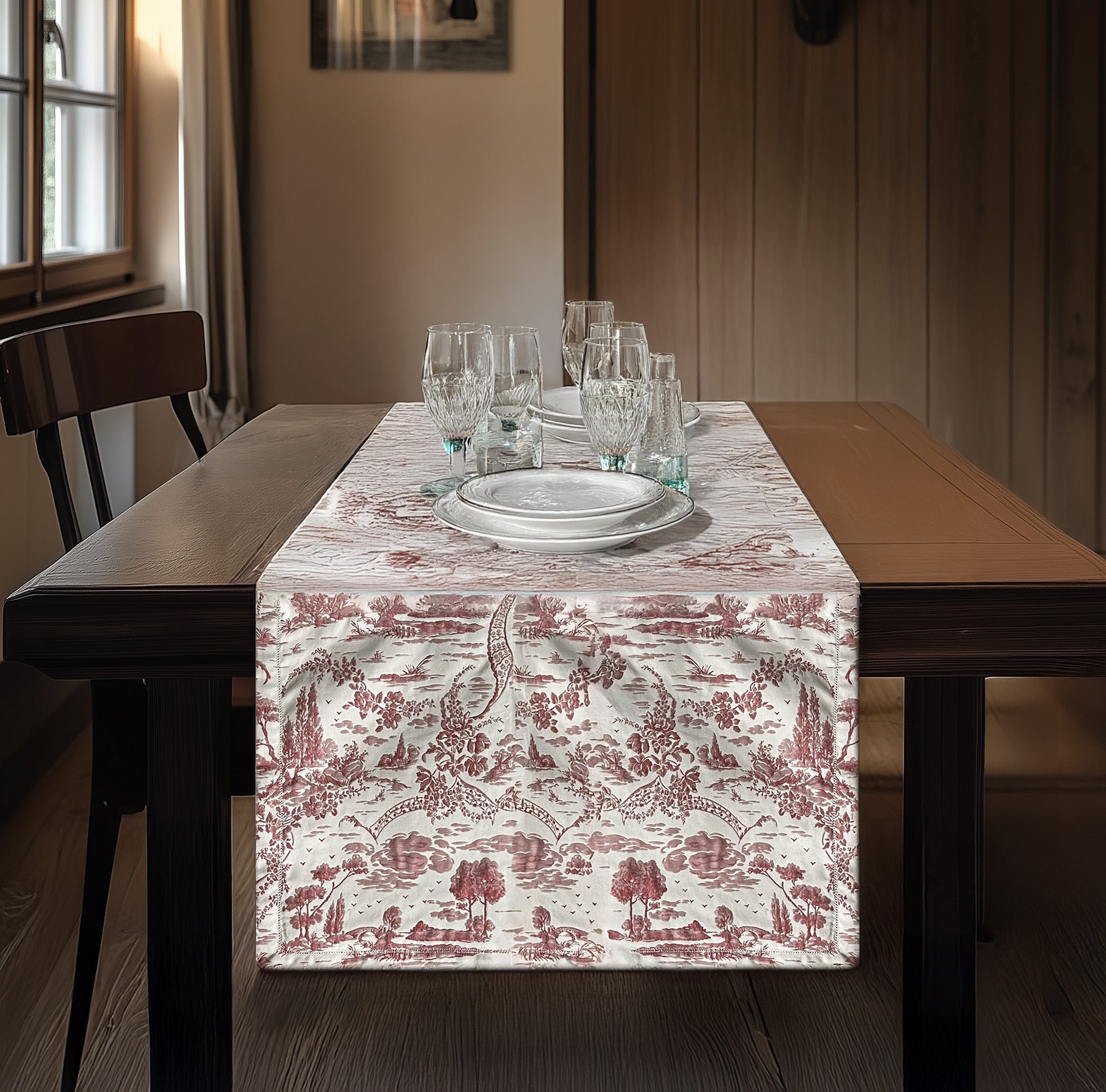 Runner ristorante - Runner toile de Jouy rossa in cotone doppio ritorto