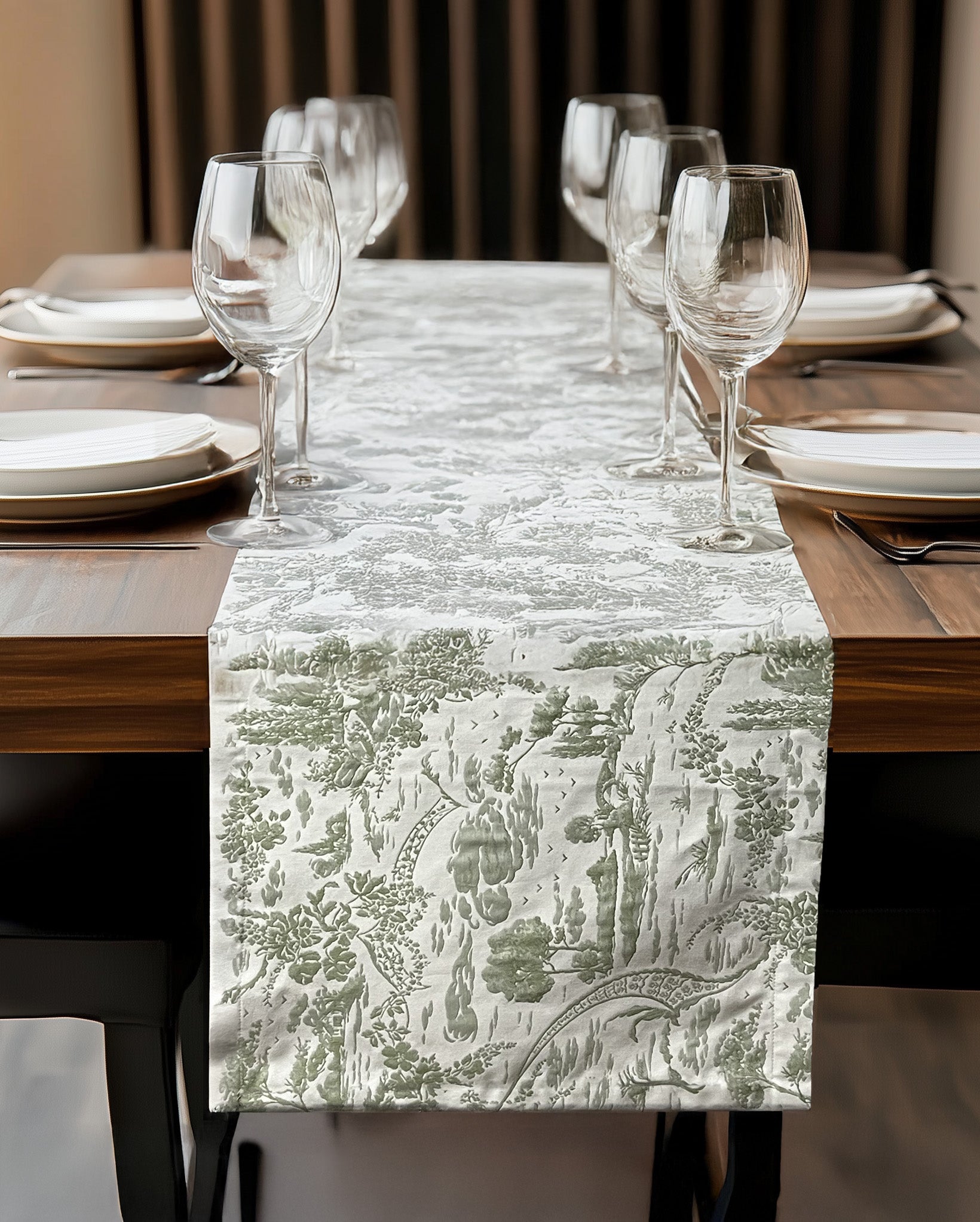 Runner ristorante - Runner toile de Jouy verde in cotone doppio ritorto