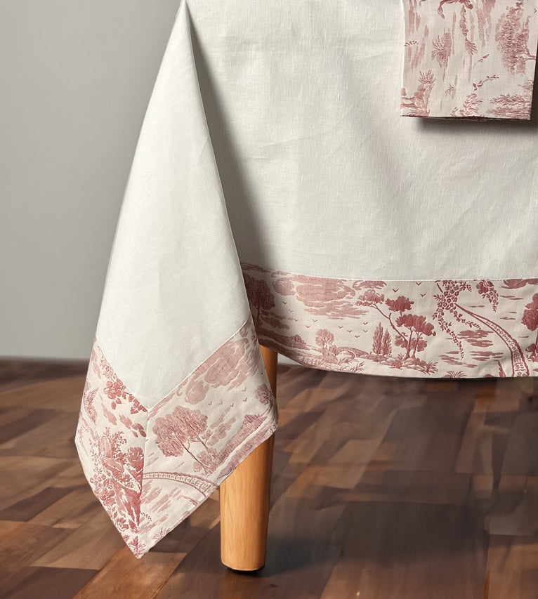 Tovaglia di lino e cotone con cornice applicata Toile de jouy rossa