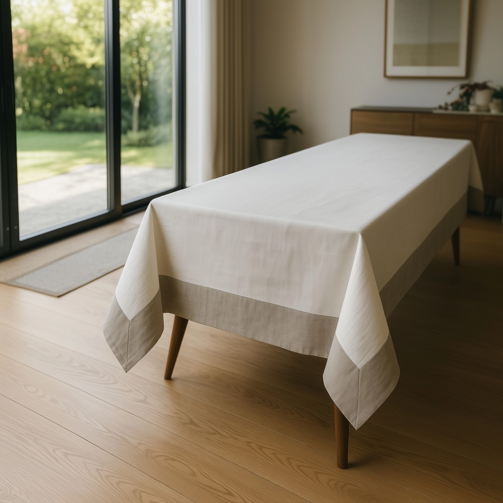Tablecloths - Cotton and linen tablecloth - White tablecloth with applied rope frame