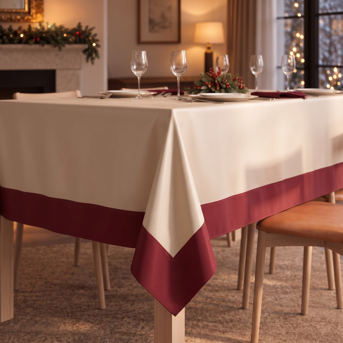 Tovaglia in raso sabbia con cornice bordeaux
