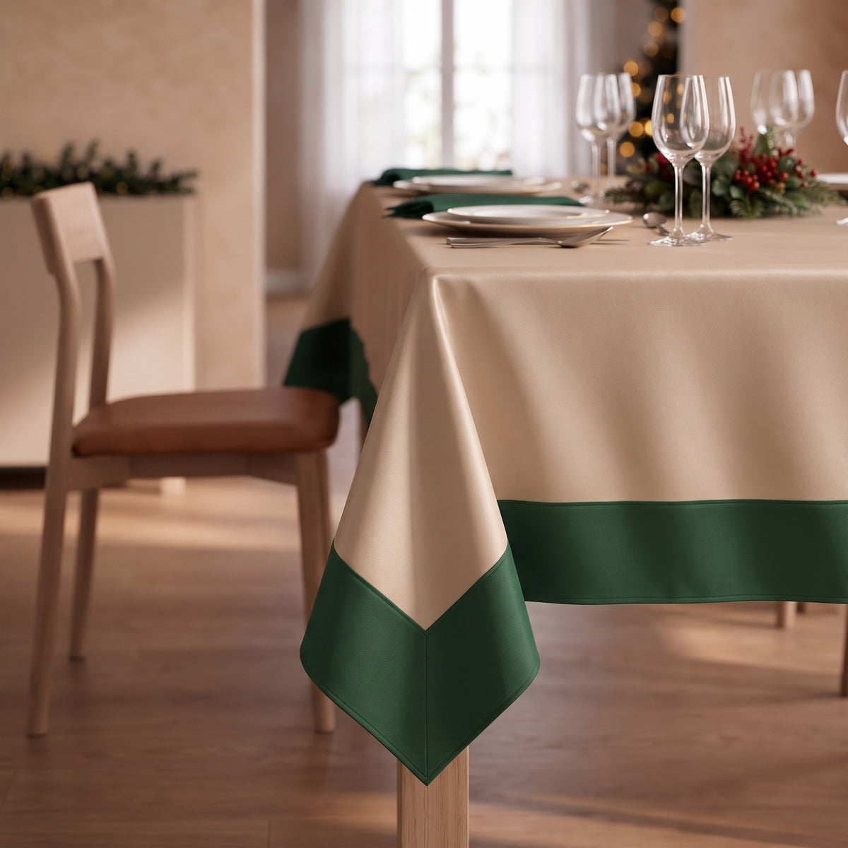 Tovaglia in raso sabbia con cornice verde